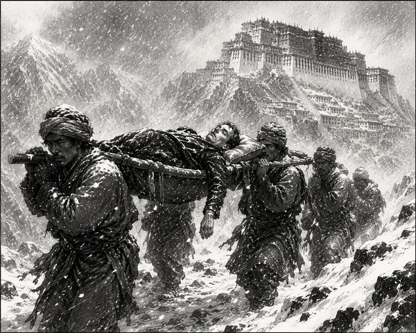 Bearers carrying a body through a snowstorm below the Potala Palace in Lhasa, Tibet — an illustration from Killing Sherlock Holmes