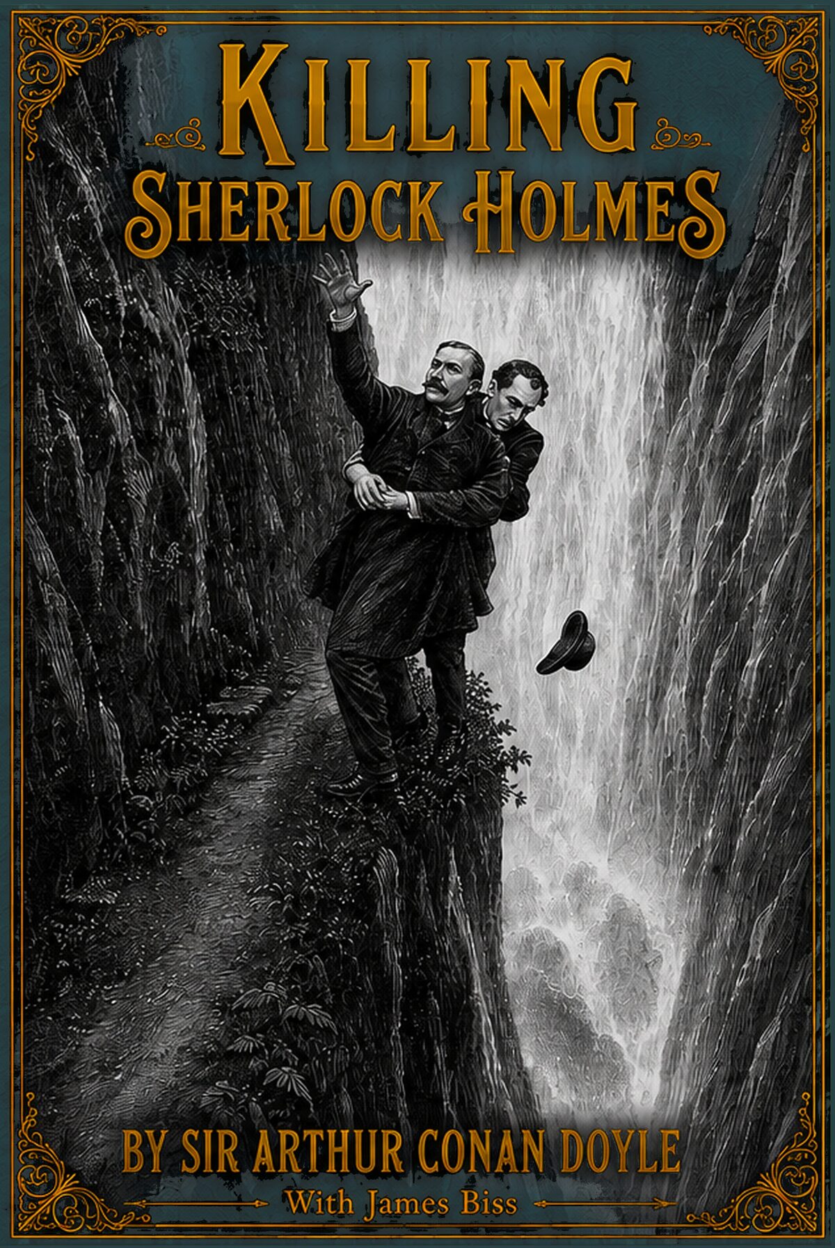 Killing Sherlock Holmes: The Memoirs of Murder, by Sir Arthur Conan Doyle with James Biss — Holmes and Moriarty on the ledge above the Reichenbach Falls