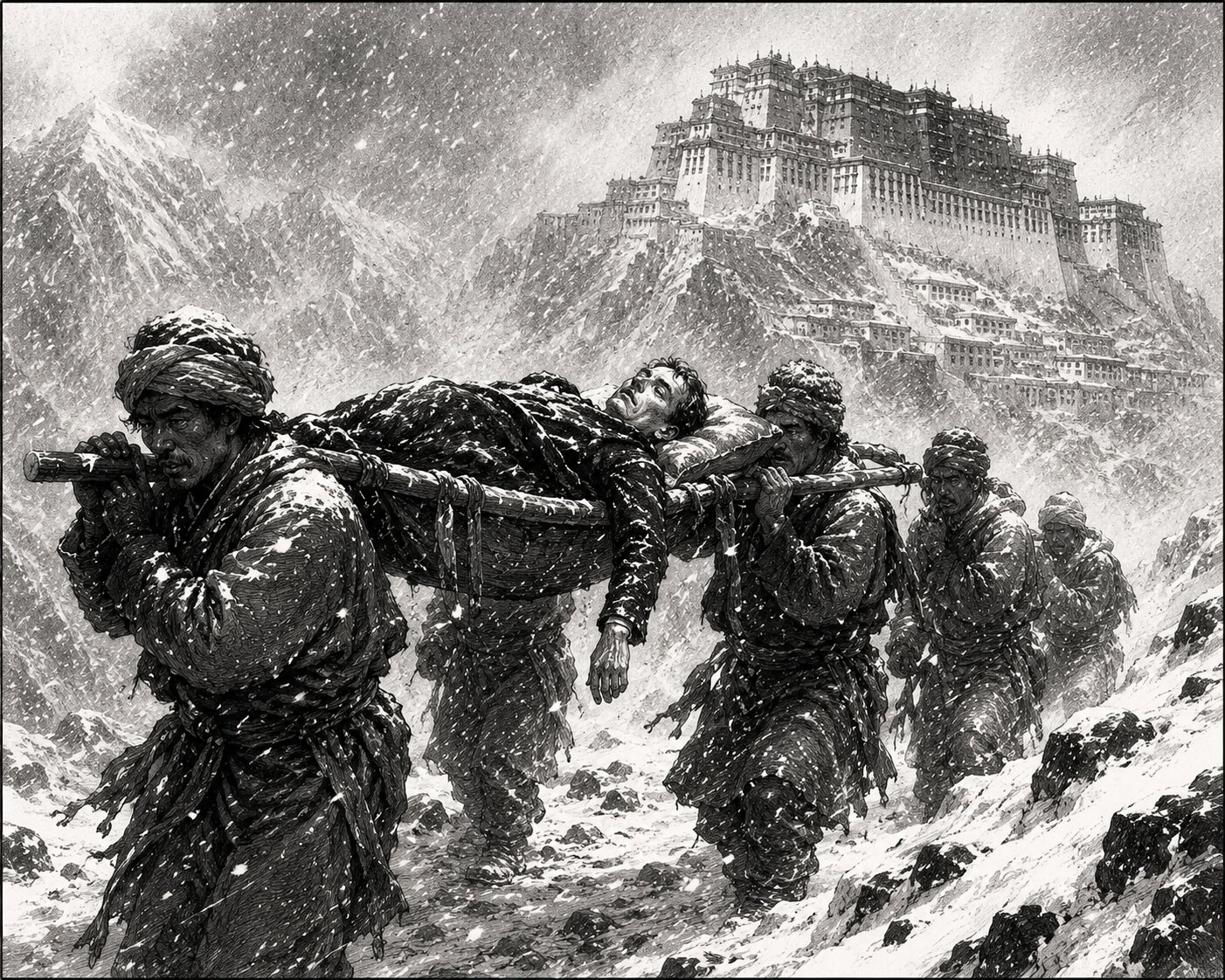Bearers carrying a body through a snowstorm below the Potala Palace in Lhasa, Tibet