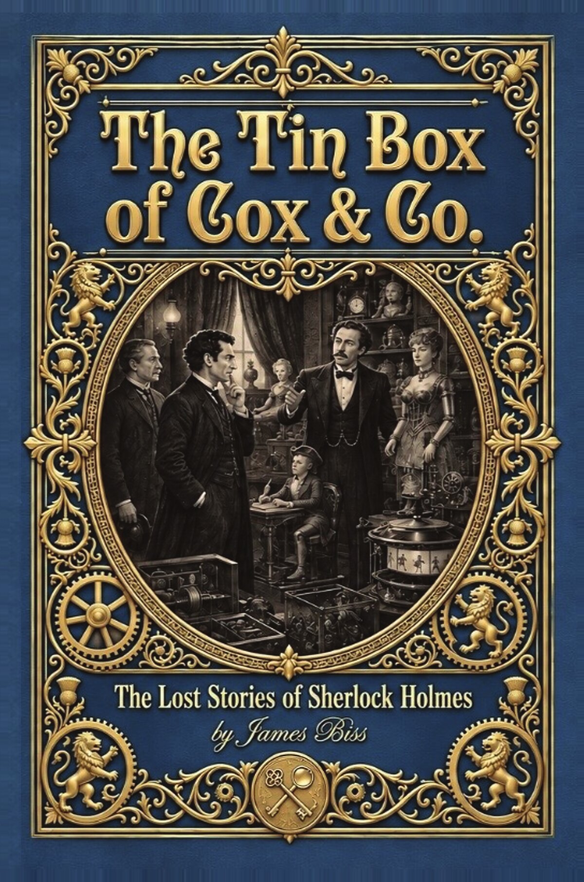 The Tin Box of Cox & Co.: The Lost Stories of Sherlock Holmes, by James Biss — gilt-framed cover showing Holmes and Watson among automata and Victorian machinery